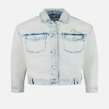 EvisuJeans bleach washed Kamon embroidery fashion fit denim jacket front view