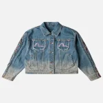 EvisuJeans Brocade Panel Denim Jacket front view in indigo