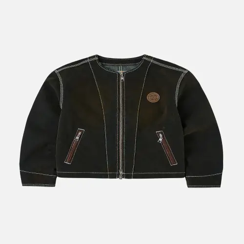EvisuJeans Contrast Stitch Design and Kamon Leather Label Regular Fit Denim Jacket EvisuJeans contrast stitch Kamon leather label regular fit denim jacket front view