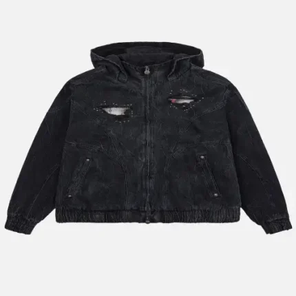 EvisuJeans Distressed Plaid Patch Hooded Padding Denim Jacket front view